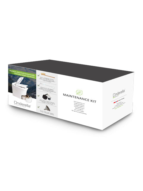 Cinderella Maintenance Kit for incineration toilet by Off-Grid Distribution, includes cleaning set, exhaust brush, and funnel.