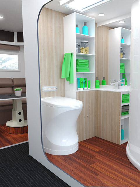 Modern bathroom with Cinderella Travel Incineration Toilet by Off-Grid Distribution for efficient waste management.