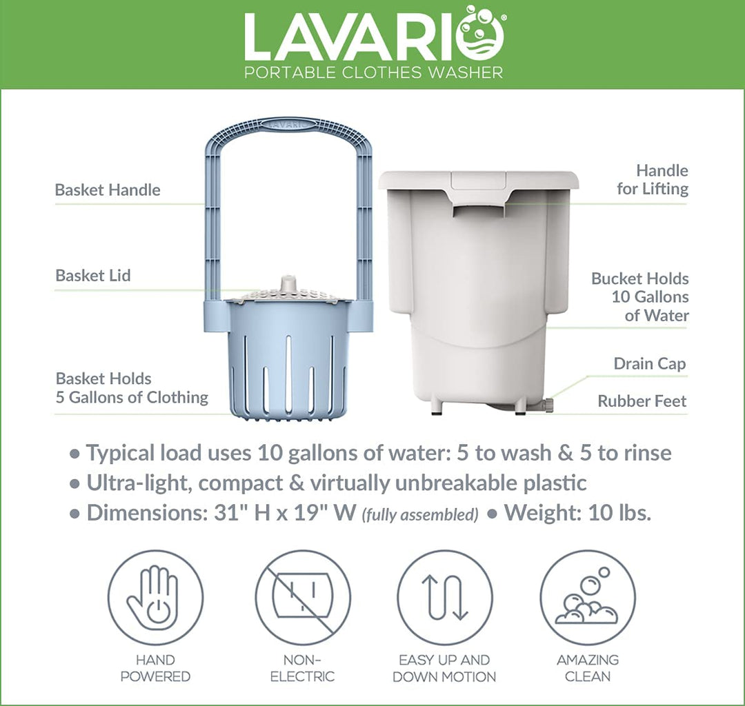 Lavario Portable Clothes Washer diagram showing components and features for Off-Grid Distribution, ideal for RVs and apartments.