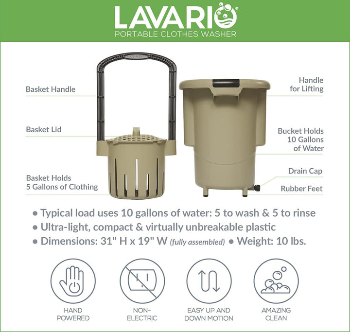 Lavario Portable Clothes Washer features and design, hand-powered, non-electric, ideal for off-grid living, distributed by Off-Grid Distribution.