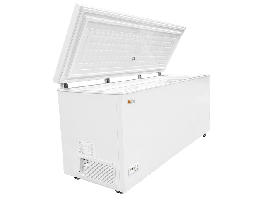 SunStar Solar DC 21CU Chest Freezer by Off-Grid Distribution for B2B, energy-efficient with thick insulation, open lid view.