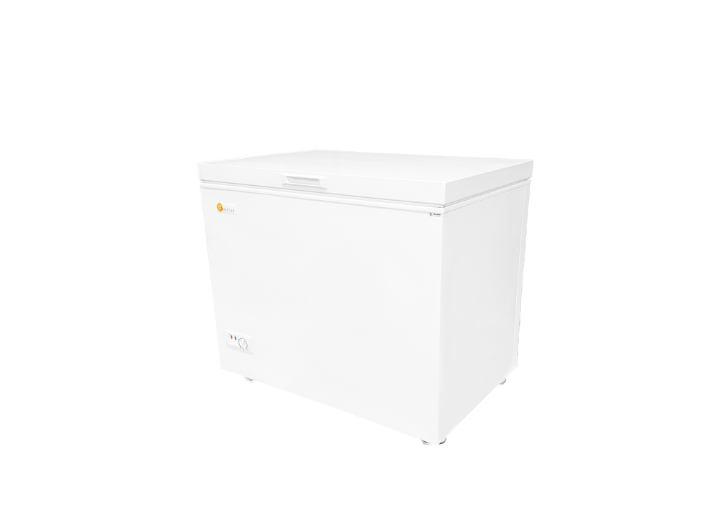 SunStar Solar DC Chest Freezer 8CU ST-8CF by Off-Grid Distribution, energy-efficient with 4.5" insulation, ideal for off-grid use.