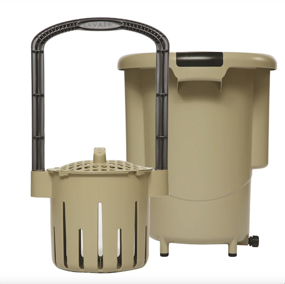Lavario Portable Clothes Washer in Desert Tan and Black from Off-Grid Distribution, hand-powered and non-electric for easy laundry use.