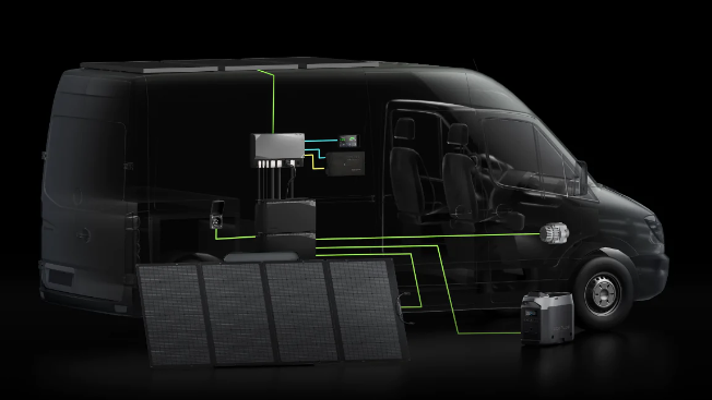 EcoFlow 2kWh Power Kit setup for vans and RVs, featuring solar panels and battery connections for off-grid distribution.