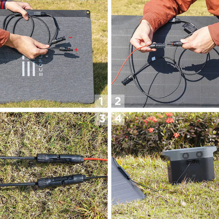 Connecting EcoFlow 110W Solar Panel with MC4 to XT60 cable for off-grid power solutions by Off-Grid Distribution.