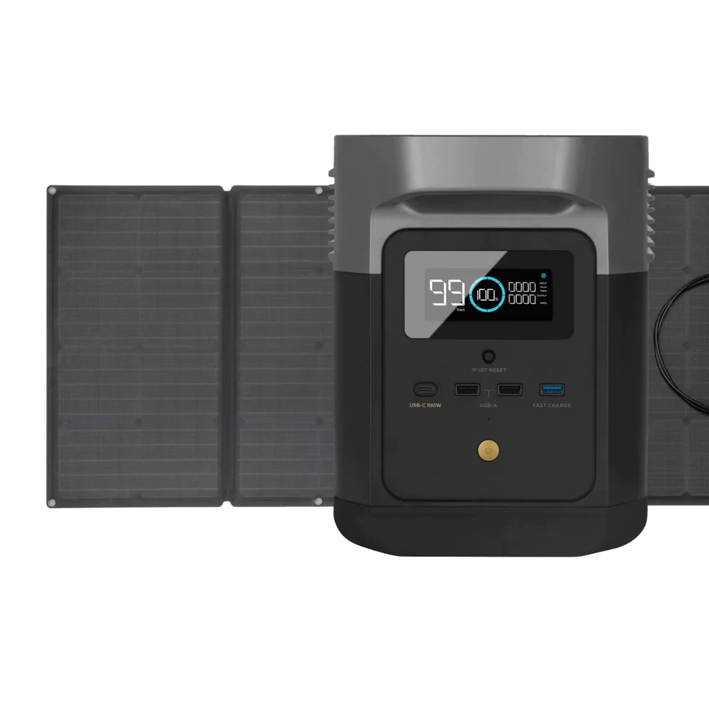 EcoFlow DELTA mini with 160W solar panel by Off-Grid Distribution for B2B wholesale, portable power solution for larger electronics.