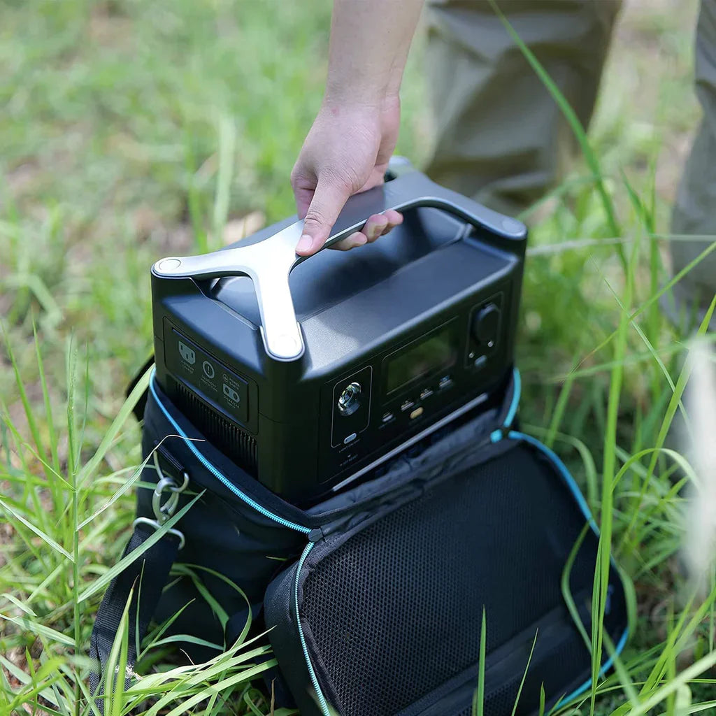 EcoFlow RIVER Bag carrying portable power station in nature, durable PU Oxford material, Off-Grid Distribution for B2B wholesale.