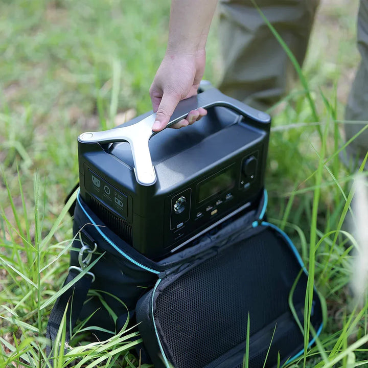 EcoFlow RIVER Bag carrying portable power station in nature, durable PU Oxford material, Off-Grid Distribution for B2B wholesale.