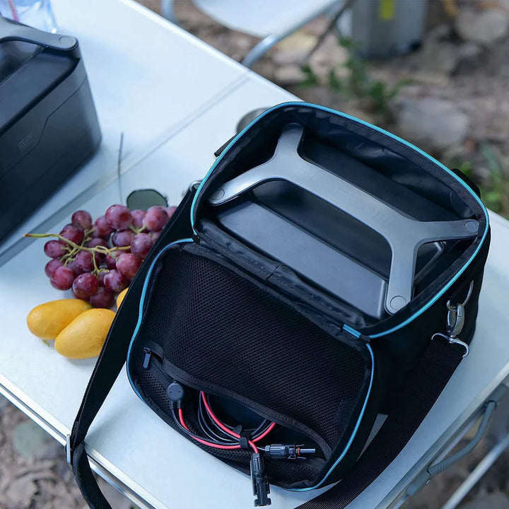 EcoFlow RIVER Bag on table with fruit, showcasing durable 600D PU Oxford material, by Off-Grid Distribution for power stations.