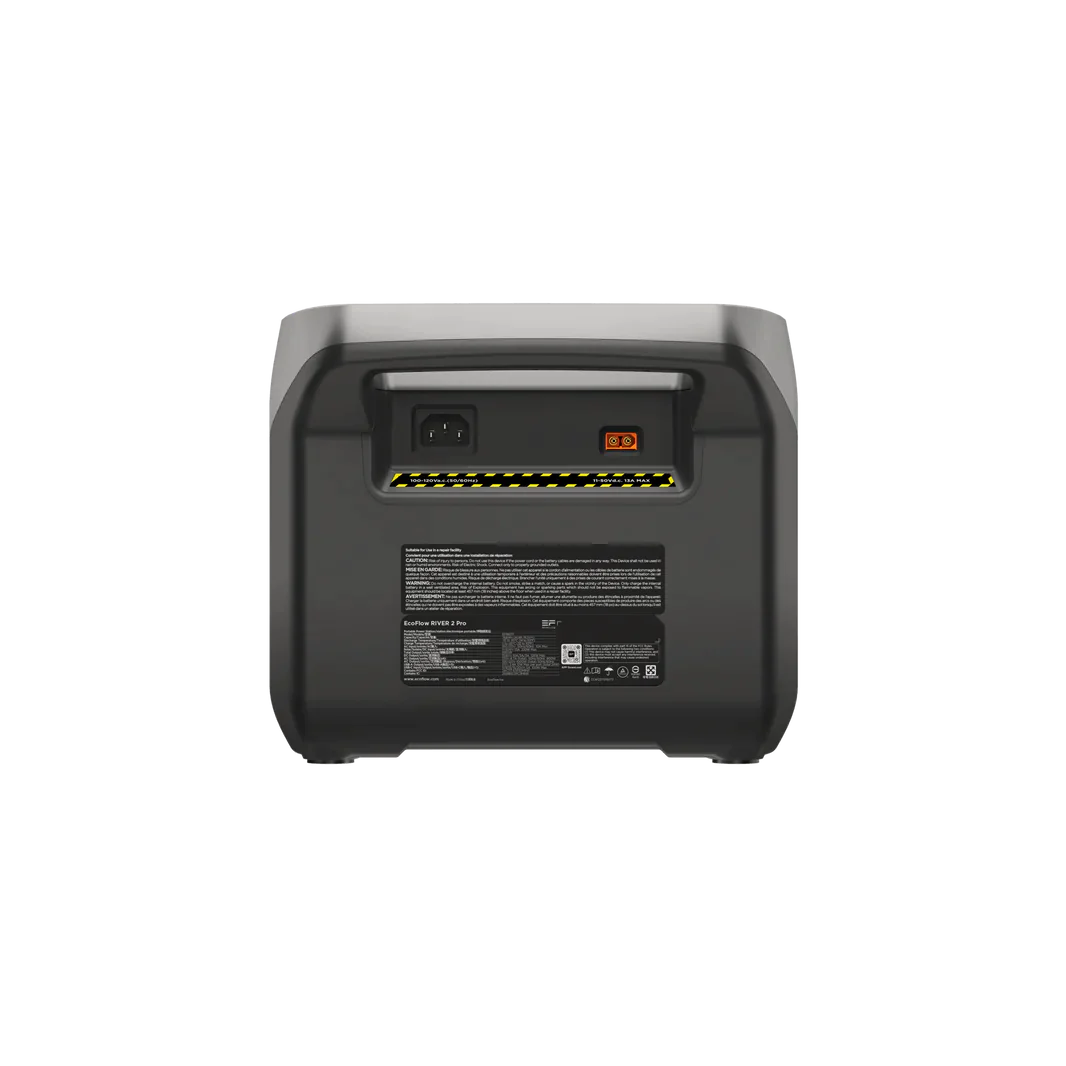 Back view of EcoFlow RIVER 2 Pro Portable Power Station by Off-Grid Distribution, showcasing power inputs, ideal for high-wattage appliances.