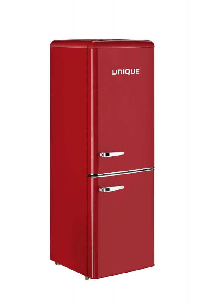 Retro-inspired Unique red bottom mount refrigerator with 9 cu/ft capacity, designed for grid-tied and off-grid use with AC power.