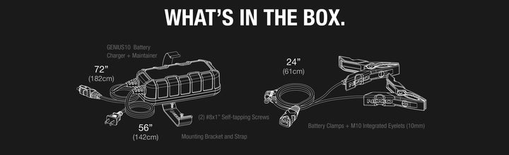NOCO GENIUS10 battery charger contents, including charger, clamps, mounting bracket, and screws, ideal for off-grid use.