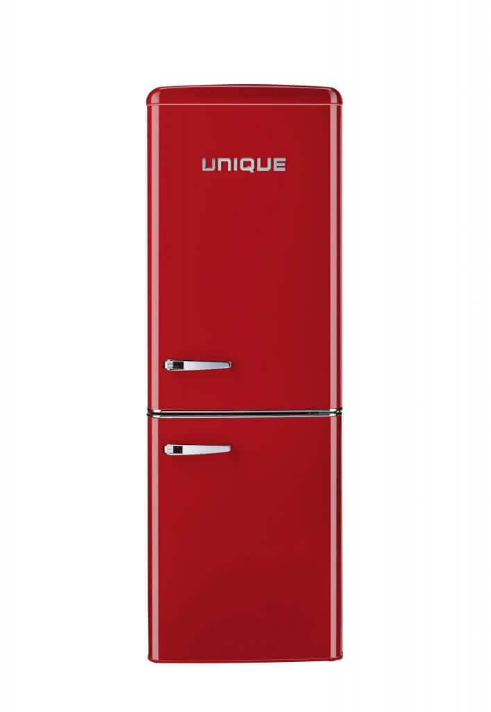 Red Unique 9 cu/ft Retro AC Bottom Mount Refrigerator UGP-275L with vintage design and bottom freezer compartment.