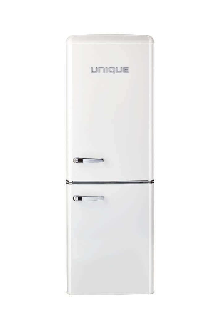 Unique 9 cu/ft Retro AC Bottom Mount Refrigerator in white with classic design and energy-efficient features.