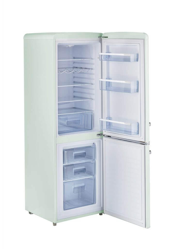 Retro 9 cu/ft bottom mount refrigerator with open doors showing spacious interior and shelves, energy efficient for grid use.