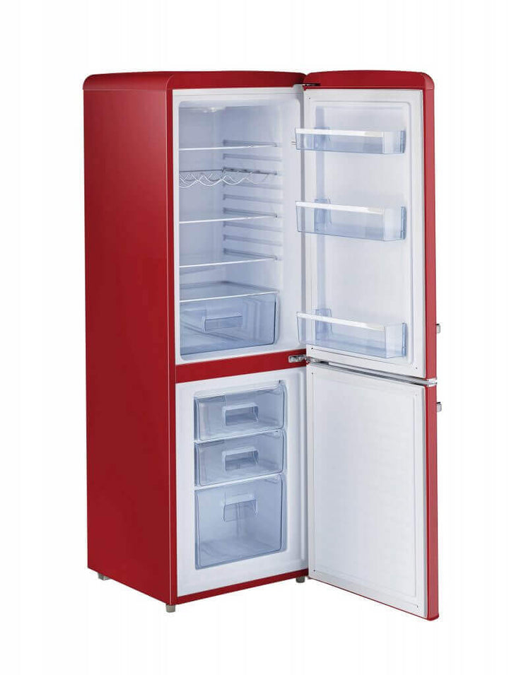 Retro red 9 cu/ft bottom mount refrigerator with open doors showing interior shelves and compartments.