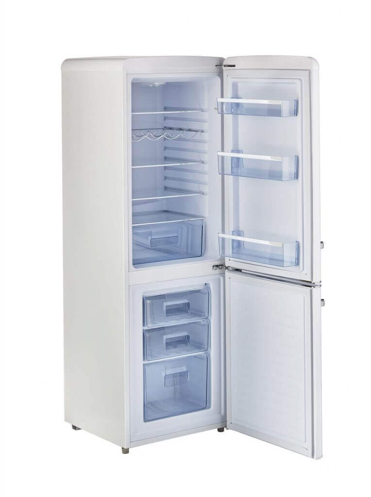 Unique 9 cu/ft Retro AC Bottom Mount Refrigerator with open doors showcasing spacious interior and storage compartments.