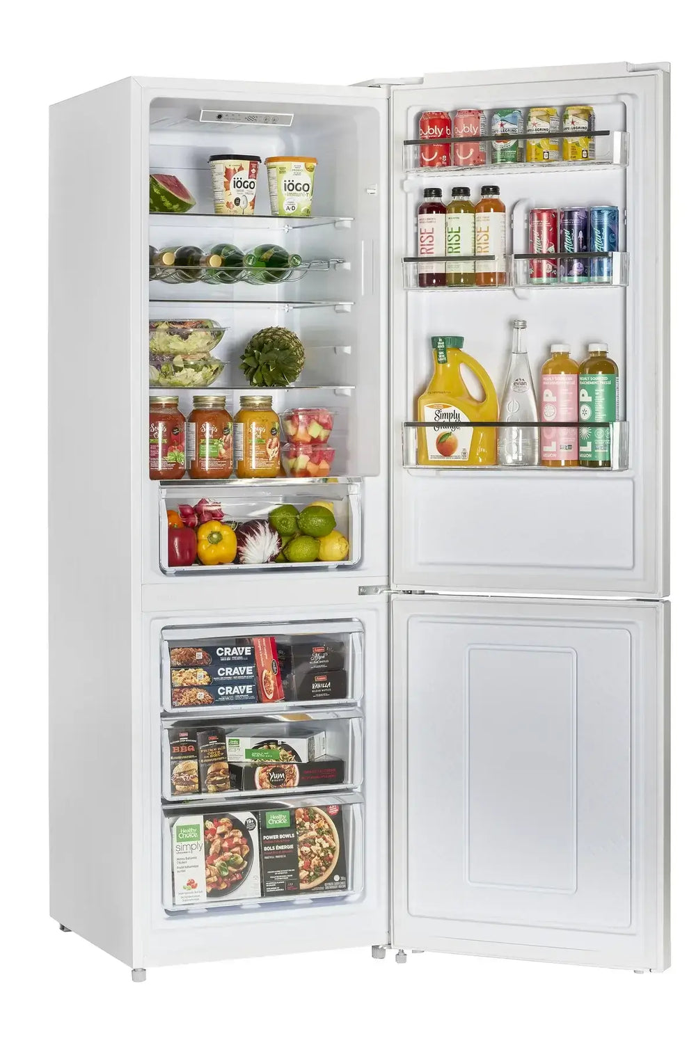 Open Unique 325L 12/24 DC Bottom Mount Refrigerator showcasing spacious interior with various stored food and drinks.