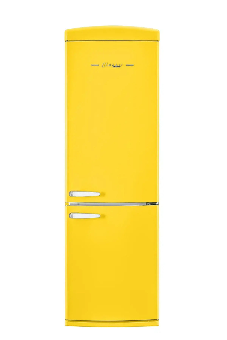 Unique 12 cu/ft Classic Retro Yellow Bottom Mount Refrigerator with chrome accents, ENERGY STAR Certified, 1950s design.