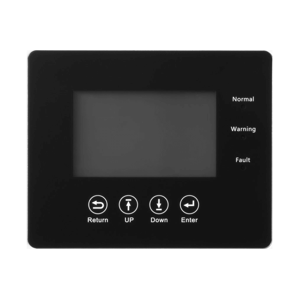 EG4 12kPV Hybrid Inverter control panel with buttons and indicators for normal, warning, and fault status.