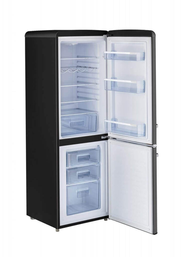 Unique 9 cu/ft Retro Bottom Mount Refrigerator with open doors showing spacious interior and multiple compartments.