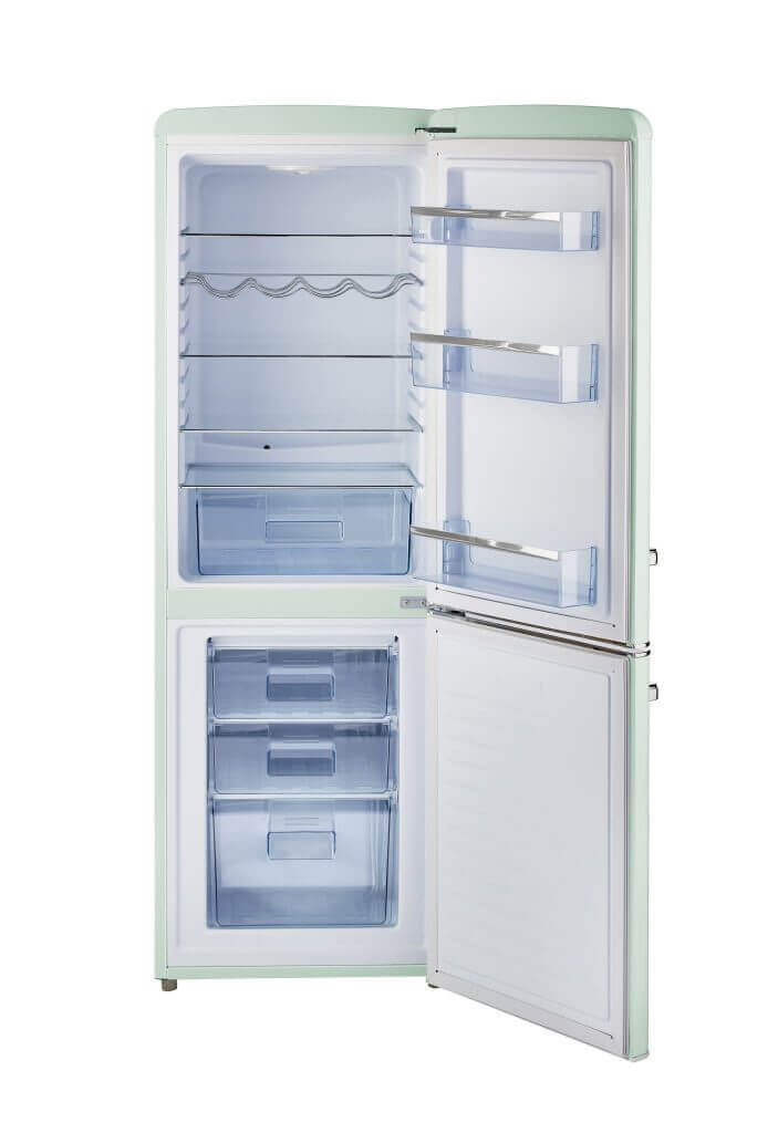 Retro 9 cu/ft bottom mount refrigerator with open doors, showcasing spacious shelves and compartments.