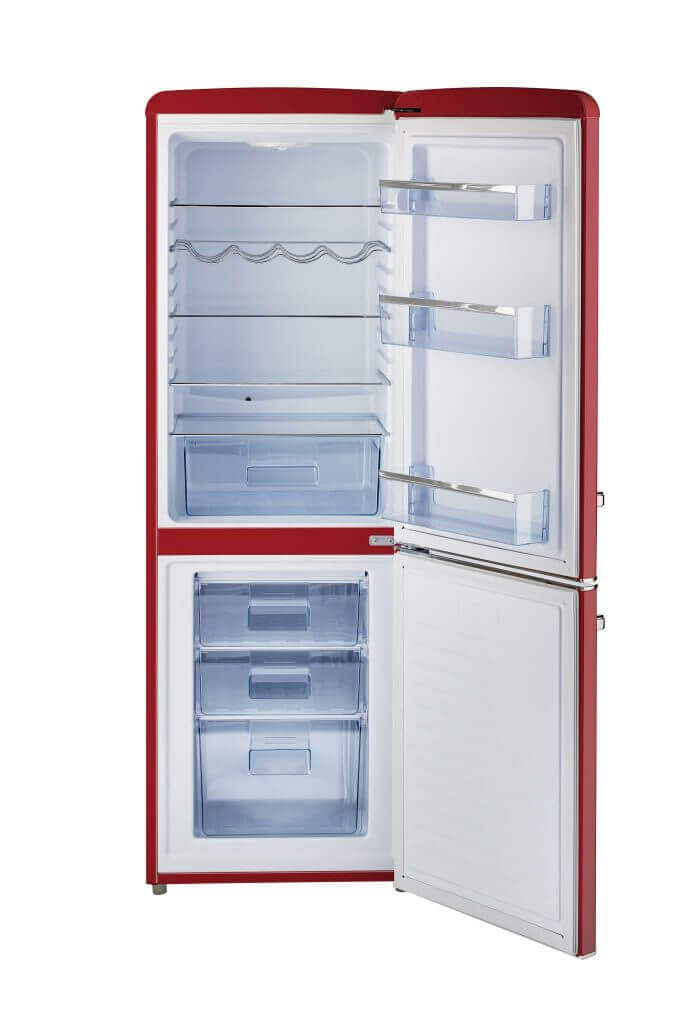 Unique 9 cu/ft red retro bottom mount refrigerator open with visible shelving and drawers.