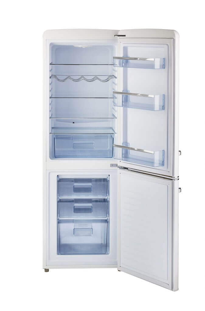 Unique 9 cu/ft Retro AC Bottom Mount Refrigerator with open doors showing interior compartments