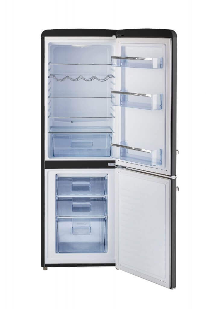 Unique 9 cu/ft Retro AC Bottom Mount Refrigerator with open doors showing interior shelves and compartments