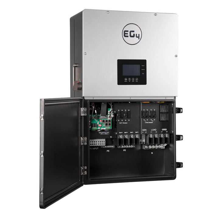 EG4 18kPV Hybrid Inverter with open panel showcasing internal components, ideal for Off-Grid Distribution and solar projects.