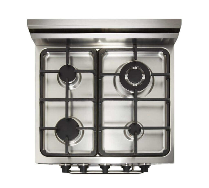 Top view of Unique Prestige 20" stainless convection gas range with cast-iron grates and four sealed burners.