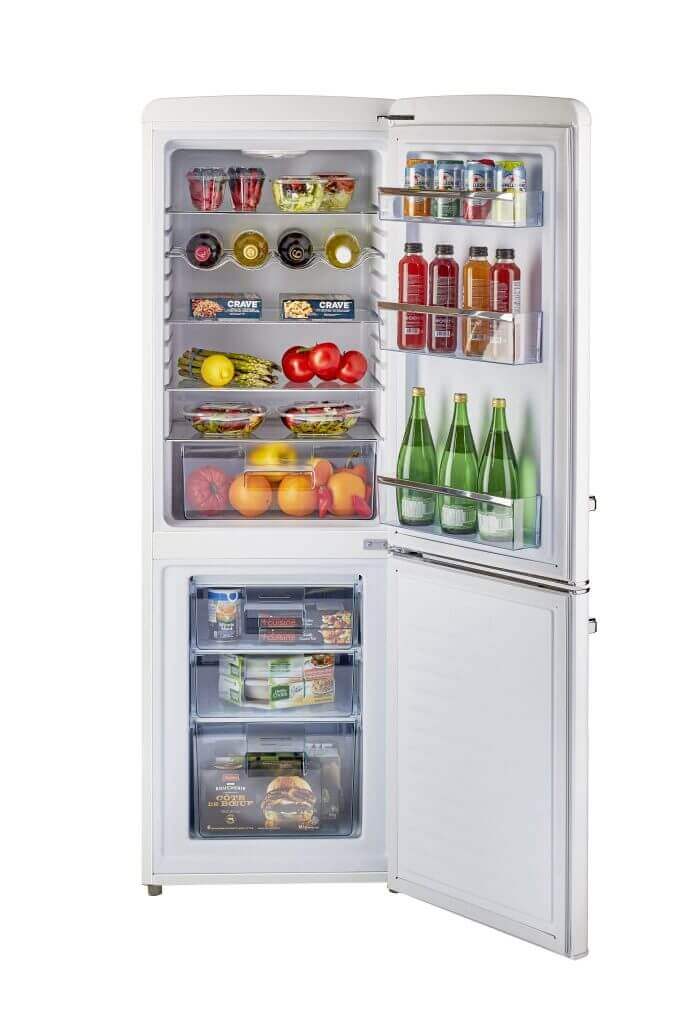 Unique 9 cu/ft Retro AC Bottom Mount Refrigerator with open door showing interior storage and organized food items.