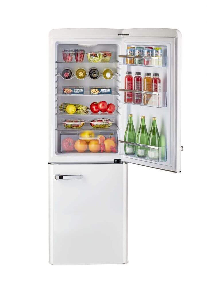 Unique 9 cu/ft Retro AC Bottom Mount Refrigerator with open door showing stocked interior shelves.