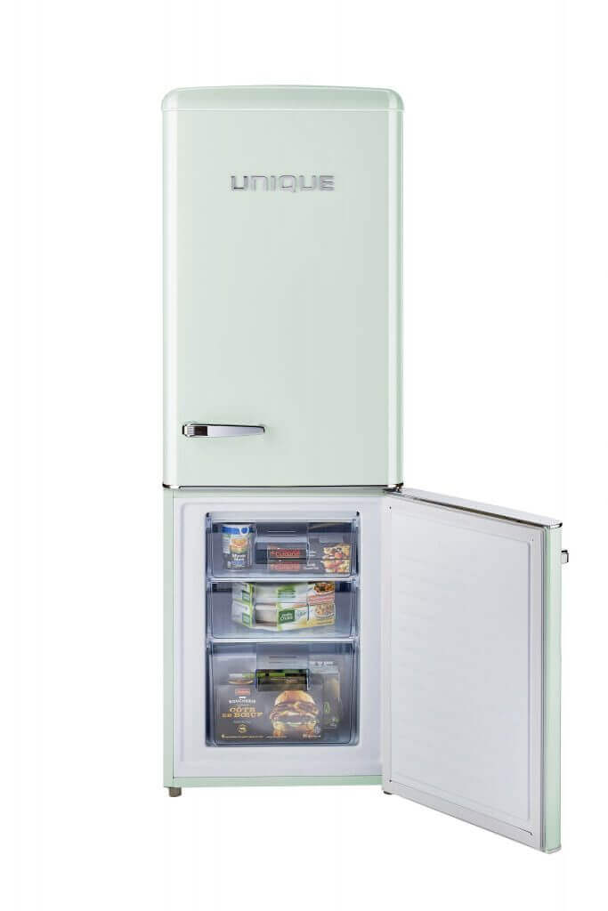 Unique Retro 9 cu/ft Bottom Mount Refrigerator with Open Door Showing Storage Compartments