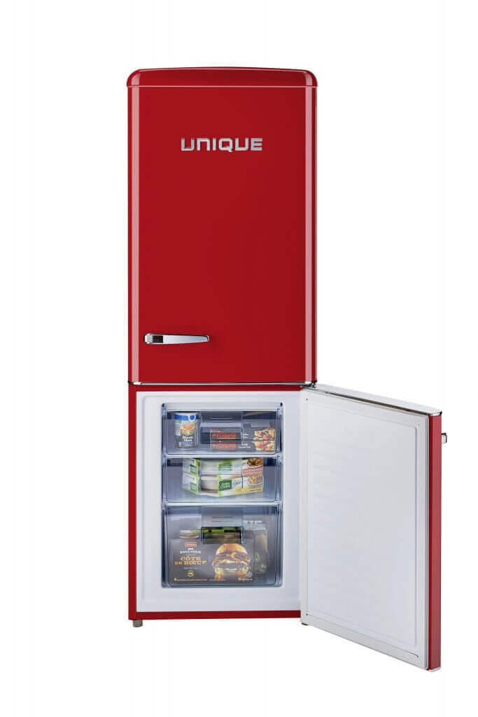 Unique 9 cu/ft Retro AC Bottom Mount Refrigerator in red with open door showing spacious compartments, model UGP-275L AC.