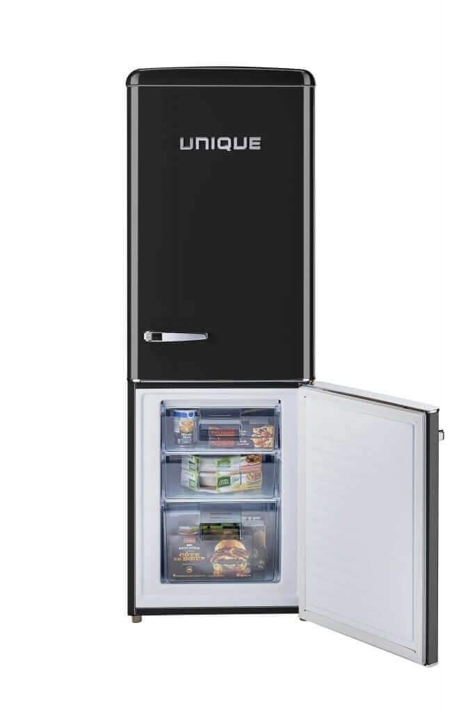 Unique 9 cu/ft Retro AC Bottom Mount Refrigerator with open freezer displaying food items.