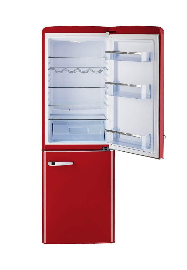 Retro red bottom mount refrigerator with open doors showing interior shelving and storage space.