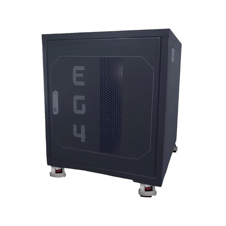 EG4 3-Slot Enclosed Battery Rack by Off-Grid Distribution for B2B wholesale, featuring casters and lockable door for indoor battery storage.