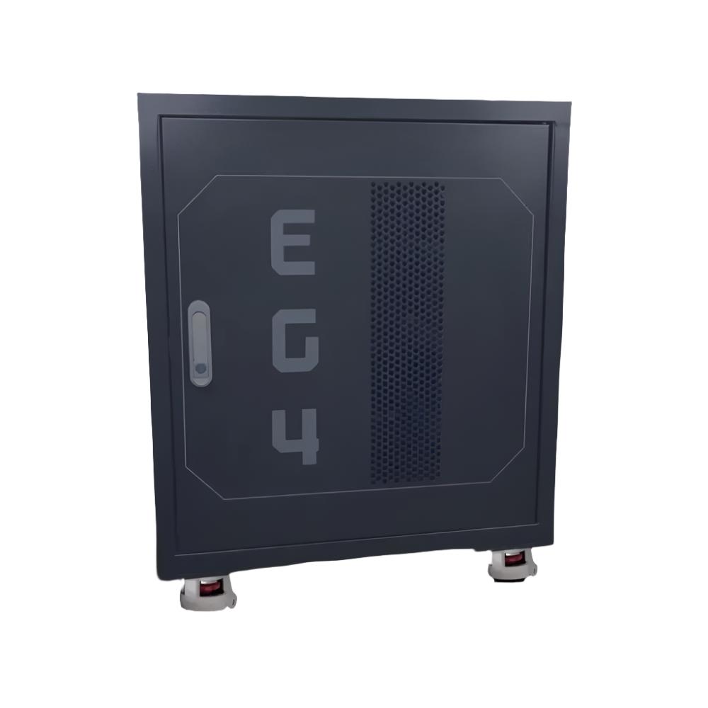 EG4 3-Slot Enclosed Battery Rack by Off-Grid Distribution, preassembled with lockable door and casters for B2B wholesale.