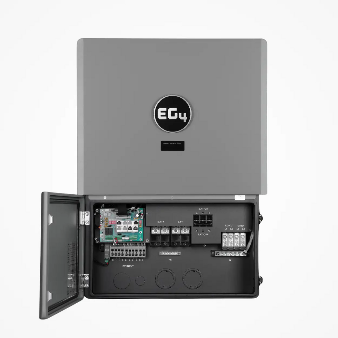 EG4 FlexBOSS21 Hybrid Inverter by Off-Grid Distribution, 48V Split Phase, 21kW PV Input, open view showcasing wiring connections.