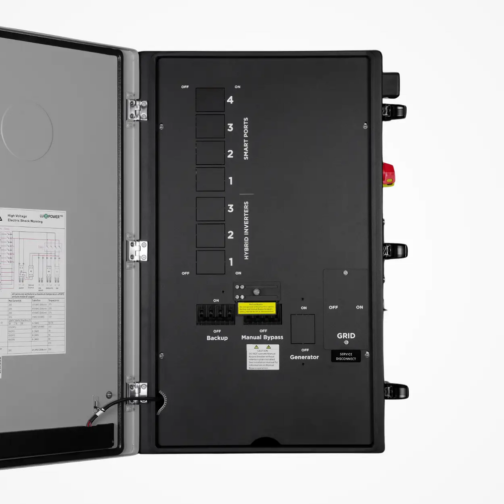 EG4 GridBOSS MID 200A Service Entrance, power gateway by Off-Grid Distribution for B2B installations, open panel view.