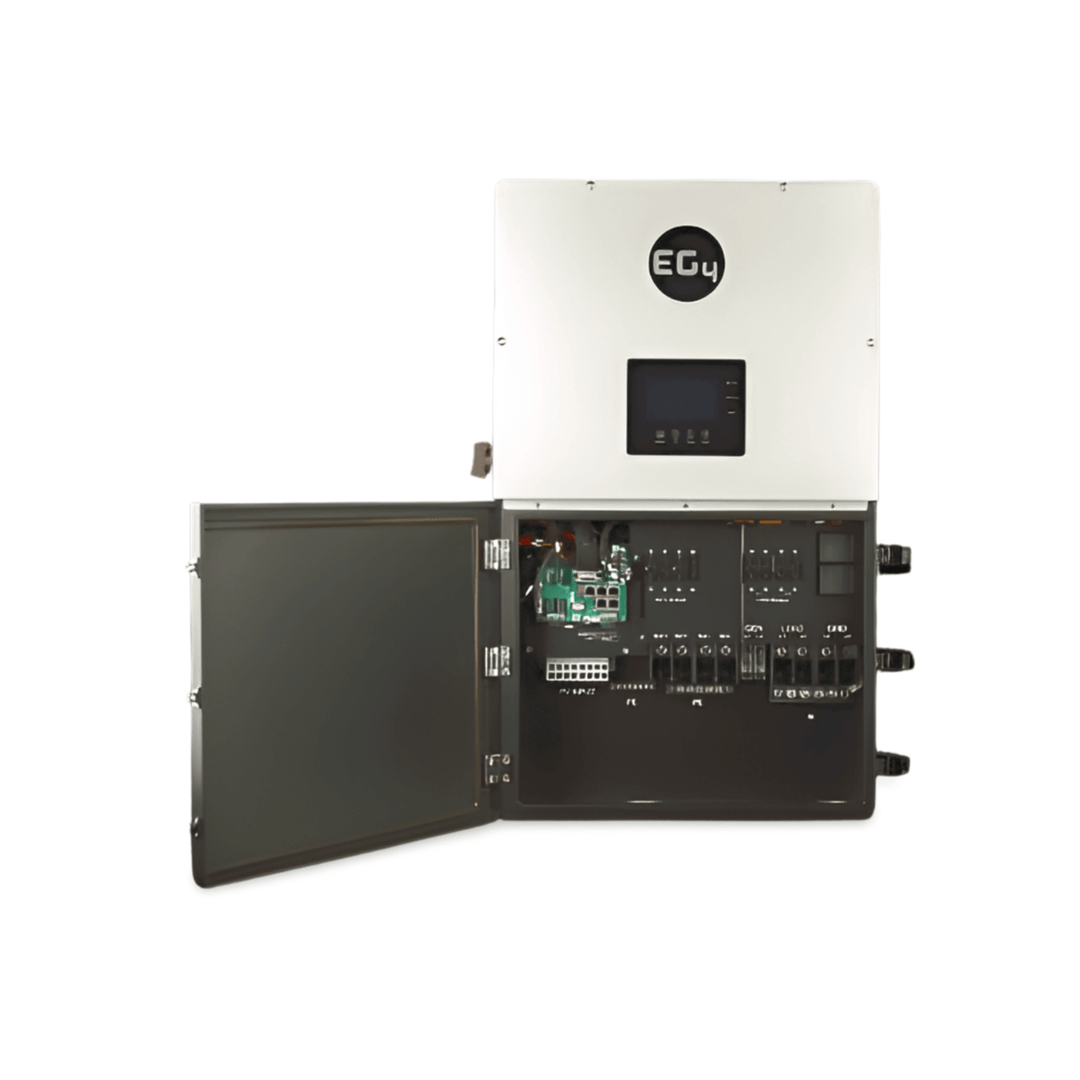 EG4 18kPV Hybrid Inverter with open panel showcasing components, by Off-Grid Distribution for efficient solar power solutions.