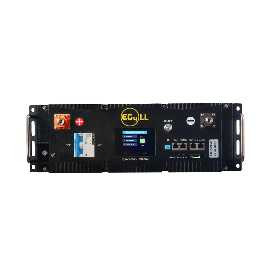 EG4 LL 12V 400AH Lithium Iron Phosphate Battery front view showing connections and display panel.