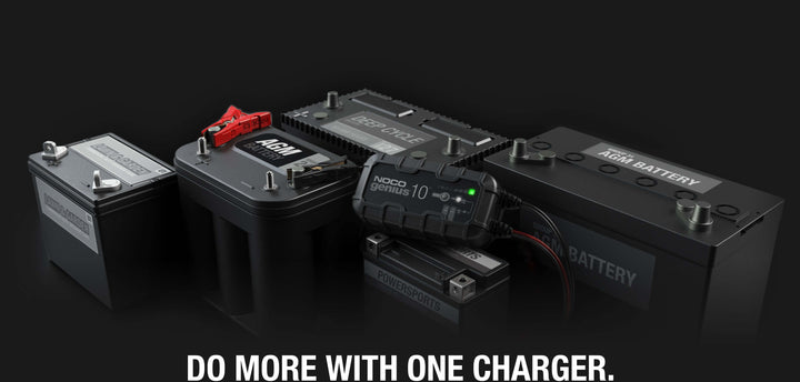 NOCO GENIUS10 10A battery charger with multiple automotive batteries, ideal for off-grid and remote homes.