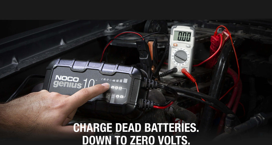 NOCO GENIUS10 10A Battery Charger in action, charging dead car battery, ideal for off-grid and remote home use.