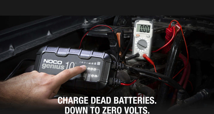 NOCO GENIUS10 10A Battery Charger in action, charging dead car battery, ideal for off-grid and remote home use.