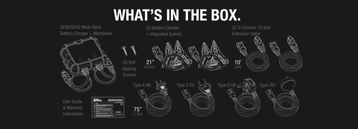Contents overview of NOCO GENIUS2X2 battery charger, including clamps, extension cables, screws, and user guide.