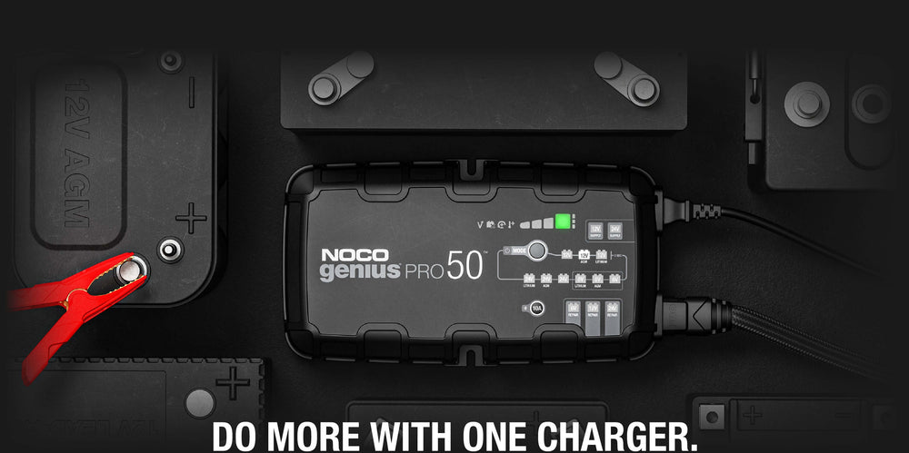 NOCO 50A Pro Battery Charger for Off-Grid or Remote Homes, featuring smart charging, battery maintenance, and desulfation capabilities.