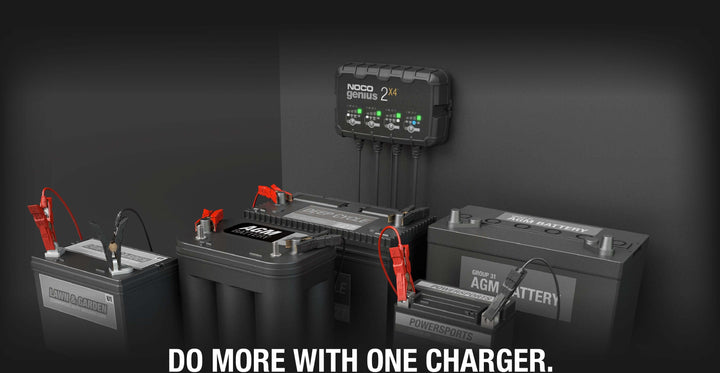 NOCO 8A 4-Bank Battery Charger connected to multiple batteries, ideal for off-grid and remote home applications.