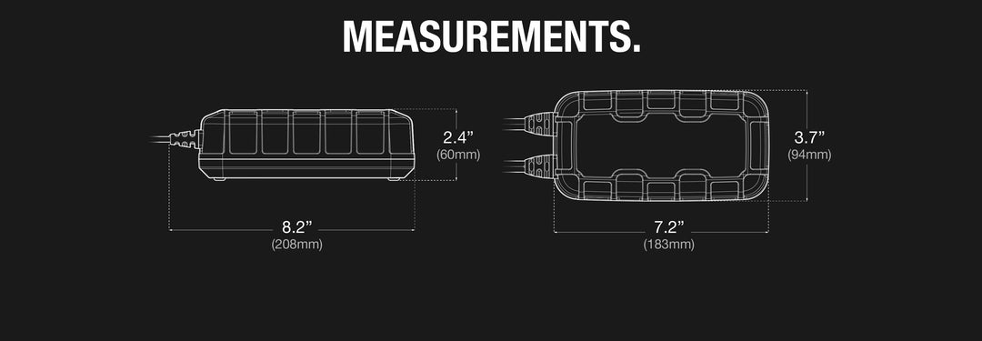 Dimensions diagram of NOCO 10A Battery Charger: 8.2 x 2.4 x 3.7 inches; labeled measurements highlighting compact design.